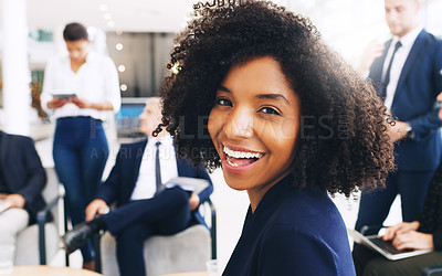Buy stock photo Smile, happy and portrait of black woman at startup meeting for corporate workshop, diversity and networking project. Teamwork, confident and proud afro woman in lounge with men and women in office.