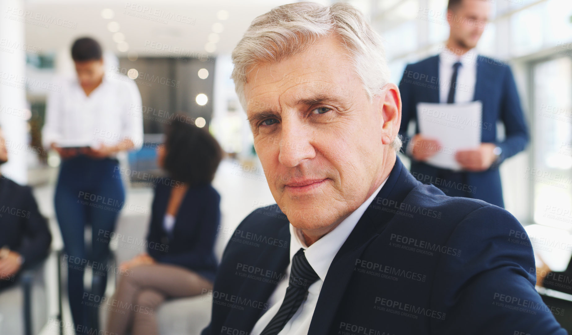 Buy stock photo Senior businessman, portrait smile and corporate manager ready or preparation for team conference at office. Elderly CEO man smiling in waiting room for business meeting, seminar or executive plan