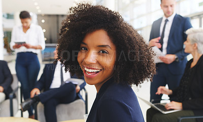 Buy stock photo Black woman, portrait and happy in business meeting, collaboration or ideas in office. Company goals or mission planning strategy of corporate worker with teamwork or employee workflow management