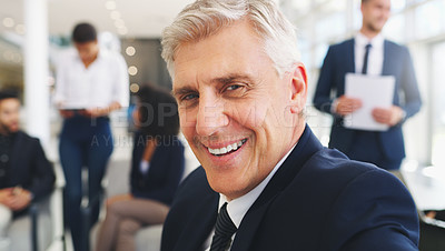 Buy stock photo Cropped portrait of a handsome mature businessman sitting and smiling while his colleagues work behind him in the office