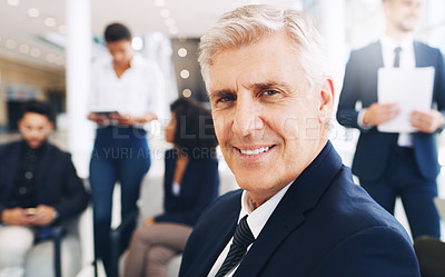 Buy stock photo Senior business man, portrait and manager in a teamwork meeting happy about company growth. Business man, corporate leader and ceo smile from employee work strategy, success and office collaboration