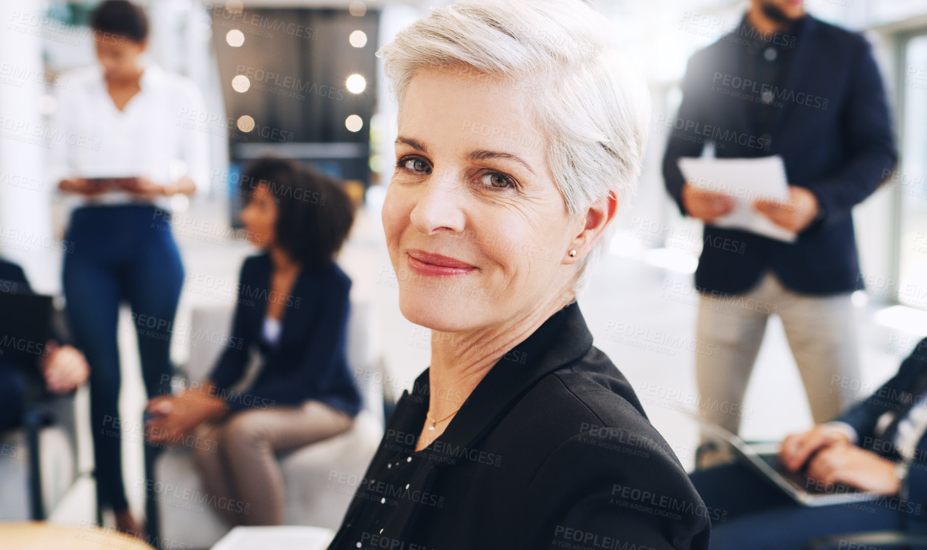 Buy stock photo Leadership, portrait and mature woman in meeting, happy and brainstorming with colleagues or confident. Corporate, boss and discussion for sales in business, people and collaboration for project