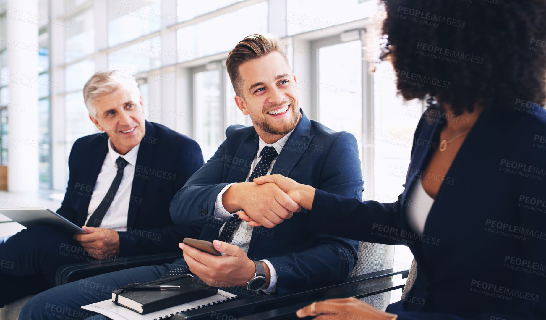 Buy stock photo Businessman, shaking hands and corporate meeting interview for international, b2b company and management agreement. Happy employee, handshake welcome and team collaboration, partnership and diversity
