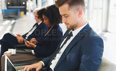 Buy stock photo Laptop, hiring and businessman in line for a job interview in corporate global startup company in an office building. Recruitment, diversity and business people waiting for a meeting with management
