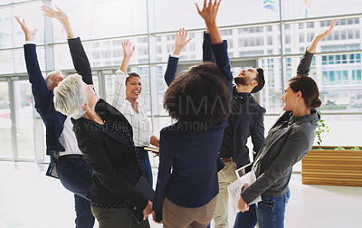 Buy stock photo Success, celebration and excited business people in the office after project, deal or partnership. Collaboration, team building and corporate team with motivation, happiness and teamwork in workplace