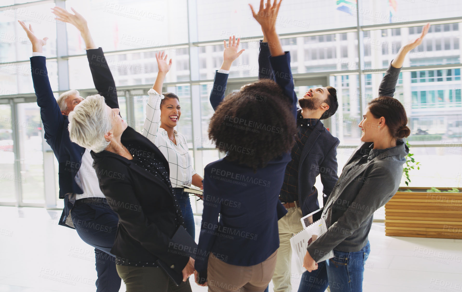 Buy stock photo Success, celebration and excited business people in the office after project, deal or partnership. Collaboration, team building and corporate team with motivation, happiness and teamwork in workplace