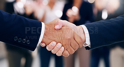 Buy stock photo Business people, shaking hands and corporate partnership, meeting and networking agreement, hiring deal and goals, welcome and success. Handshake, thank you and teamwork support, trust and contract 