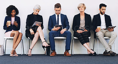 Buy stock photo Tablet, phone and recruitment people row with young, senior and corporate candidates in work lobby. Social media, email and online communication of group in chair queue at professional job interview.