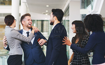 Buy stock photo Business people, hug and friends in social fun together for business success, communication or team building at the office. Group of happy employee workers enjoying team conversation at the workplace