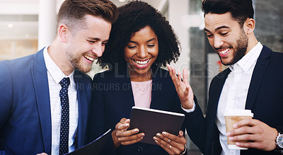 Buy stock photo Business group, tablet and happy for communication, funny email or social media in office, together or laugh. Finance workers, comic meme or crazy comedy on web app with happiness, workplace or lunch