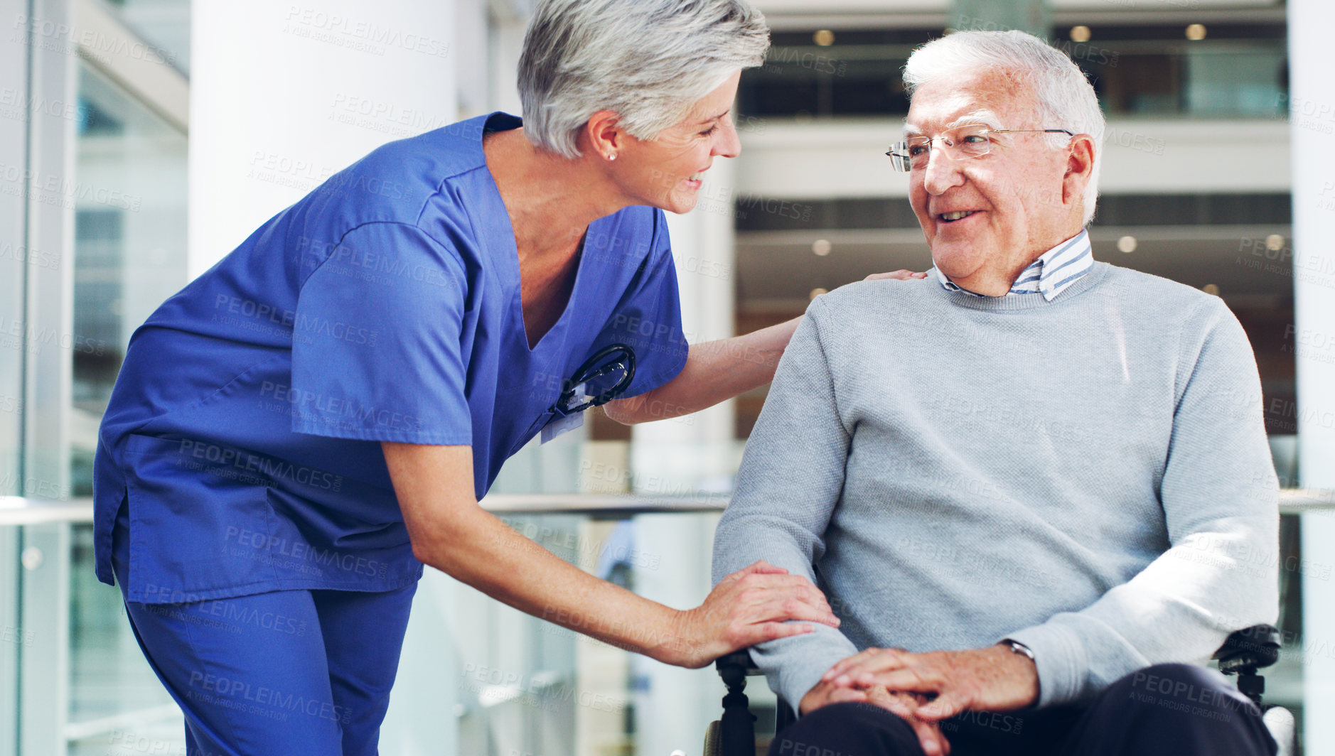 Buy stock photo Healthcare, nurse and retirement man in a rehabilitation nursing home for disability health. Wheelchair, clinic patient and caregiver smile with doctor and healthy medic care talking to senior male