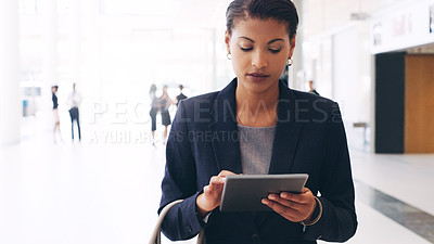 Buy stock photo Business woman, tablet and walking to travel while online to check schedule, flight time or make booking at conference hall. Female entrepreneur with technology for project management or report