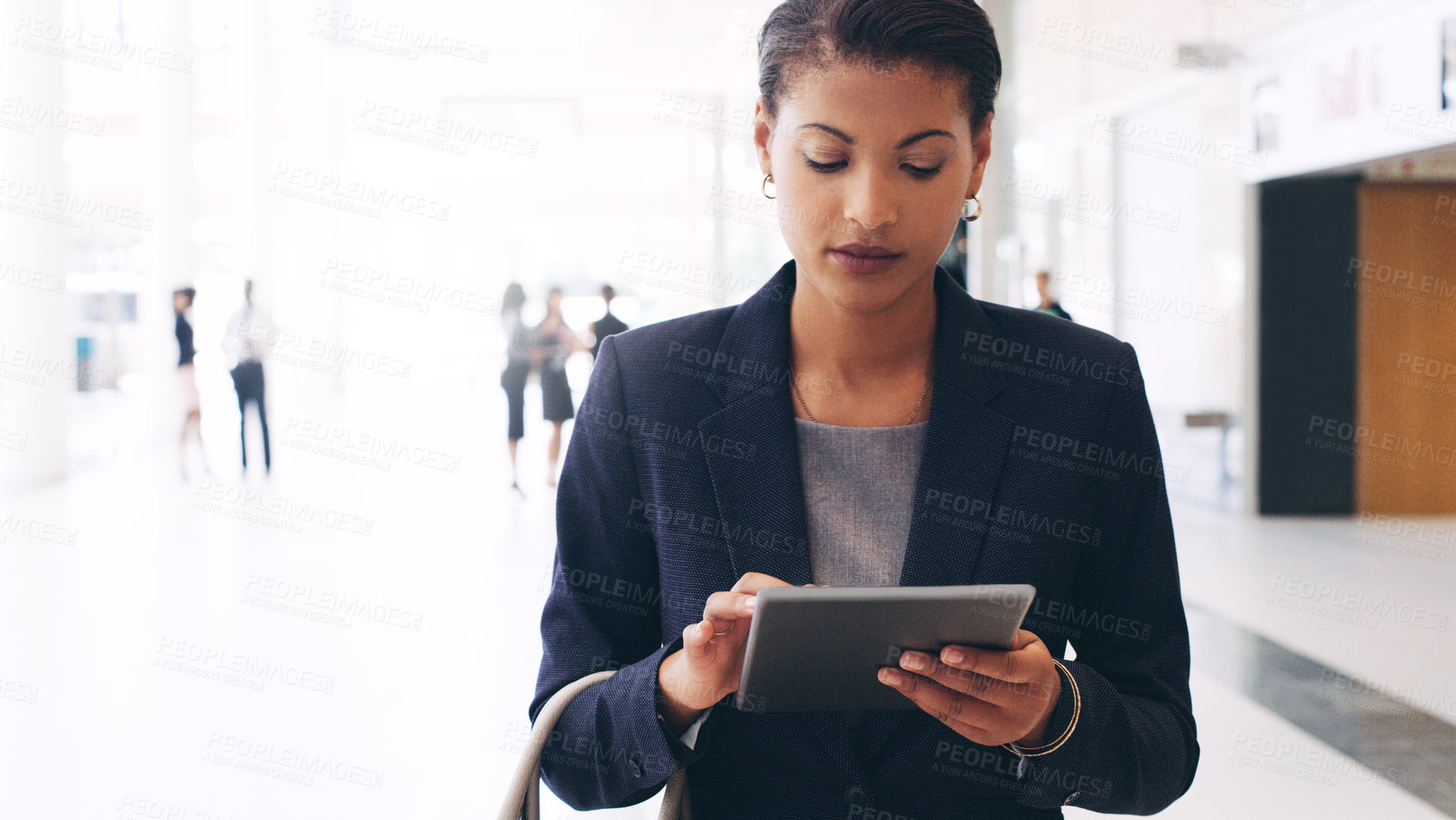 Buy stock photo Business woman, tablet and walking to travel while online to check schedule, flight time or make booking at conference hall. Female entrepreneur with technology for project management or report