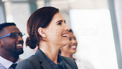 Buy stock photo Audience, smile and business people meeting in workshop, presentation or seminar listening to company success, strategy or kpi goals. Happy corporate staff in conference room smile for career talk