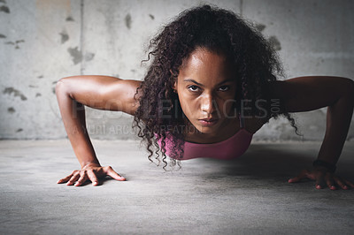 Buy stock photo Portrait, woman and push up in gym for fitness, workout and exercise for wellness or health. Athlete, challenge and development in sports center for muscles and training for strength and growth