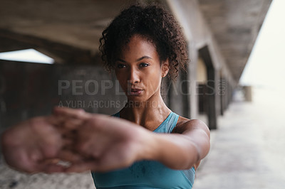 Buy stock photo Stretching, woman and hands in city for fitness, workout and exercise for wellness or health. Athlete, challenge and development  for muscles and training for sports or strength in outdoor gym 