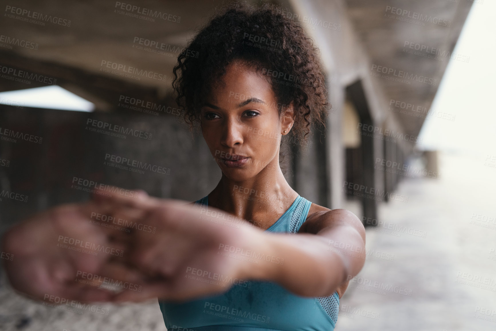 Buy stock photo Stretching, woman and hands in city for fitness, workout and exercise for wellness or health. Athlete, challenge and development  for muscles and training for sports or strength in outdoor gym 