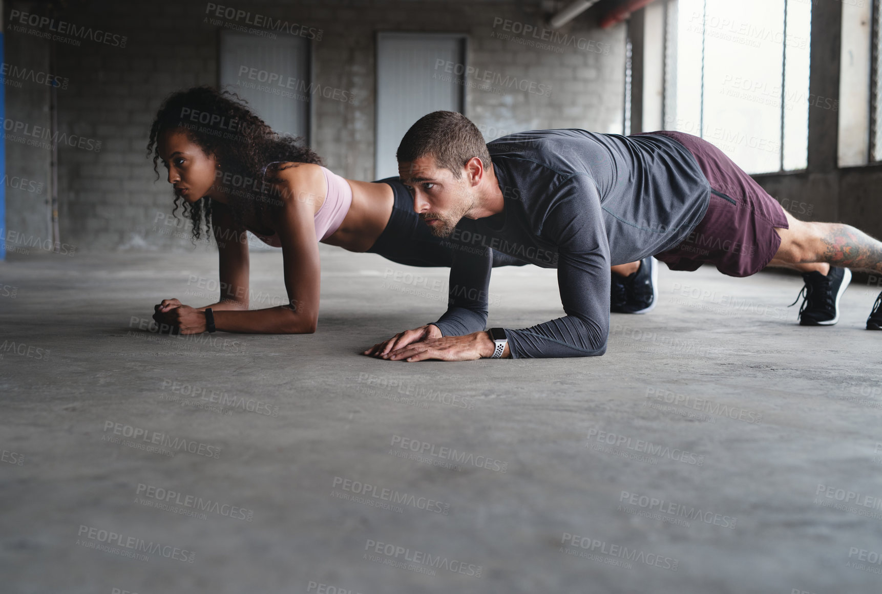 Buy stock photo Fitness, plank and man with woman in gym for muscle development, strength challenge and endurance. Health, wellness and workout friends for  body training, power performance or bodybuilding on floor