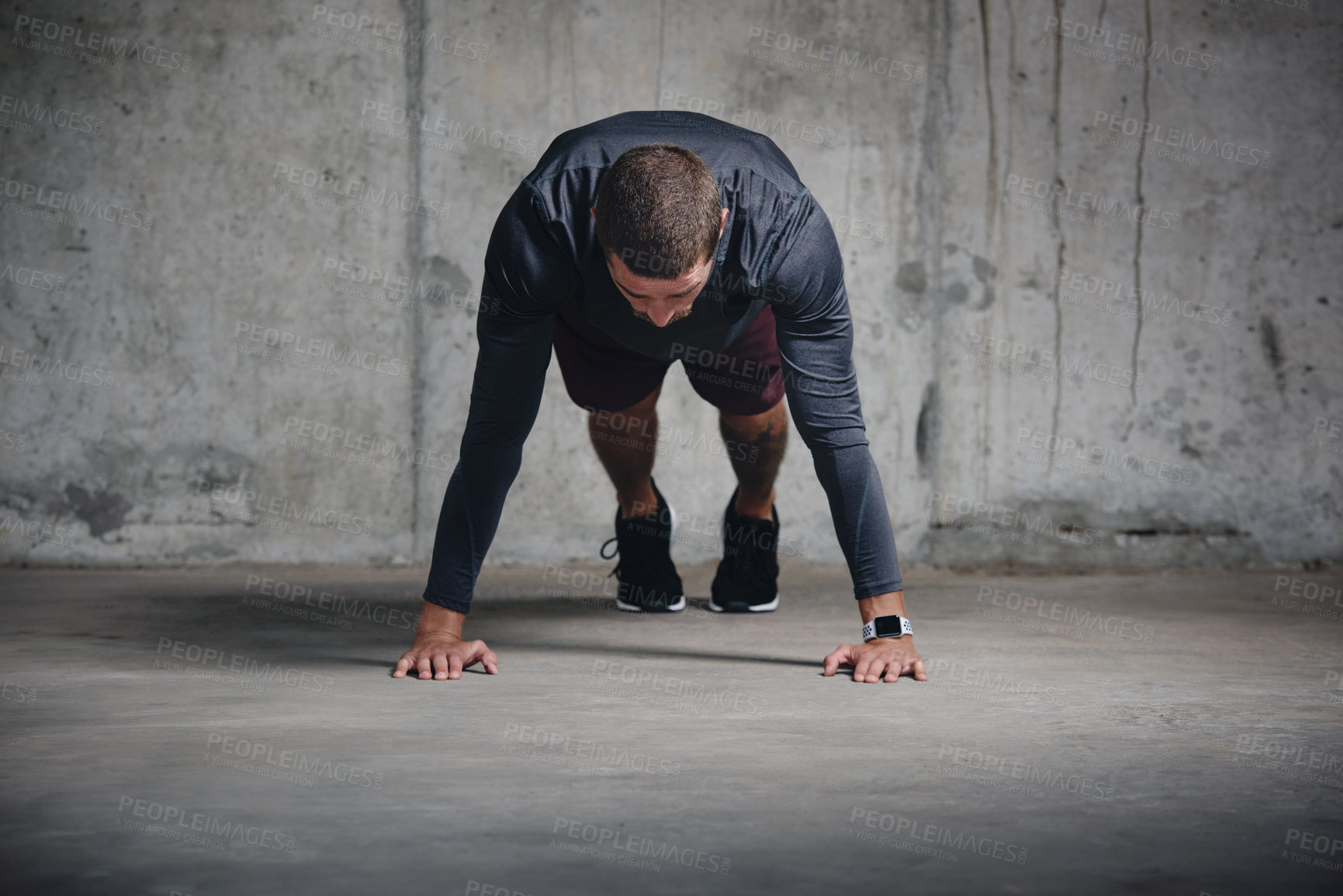 Buy stock photo Fitness, man and pushup for exercise outdoor with muscle development, balance and training performance. Male person, athlete and workout progress, bodybuilder and cardio resilience of wellness
