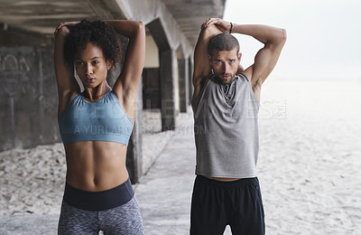 Buy stock photo Serious, couple and outdoors with stretching in training for muscle, warm up and sports workout. Fitness, start and people with thinking in exercise for healthy body, flexibility and preparation