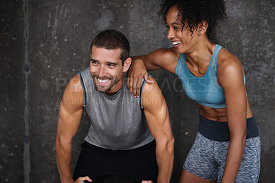 Buy stock photo Fitness, happy and couple rest in city after workout, body builder training and exercise outdoors. Sports, relationship and man and woman laughing after running for endurance, wellness and health