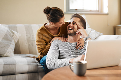 Buy stock photo Happy couple, laughing or laptop in home for choice, news and loan option online on couch in living room. Relax, support or people in lounge on social network app on digital website or technology