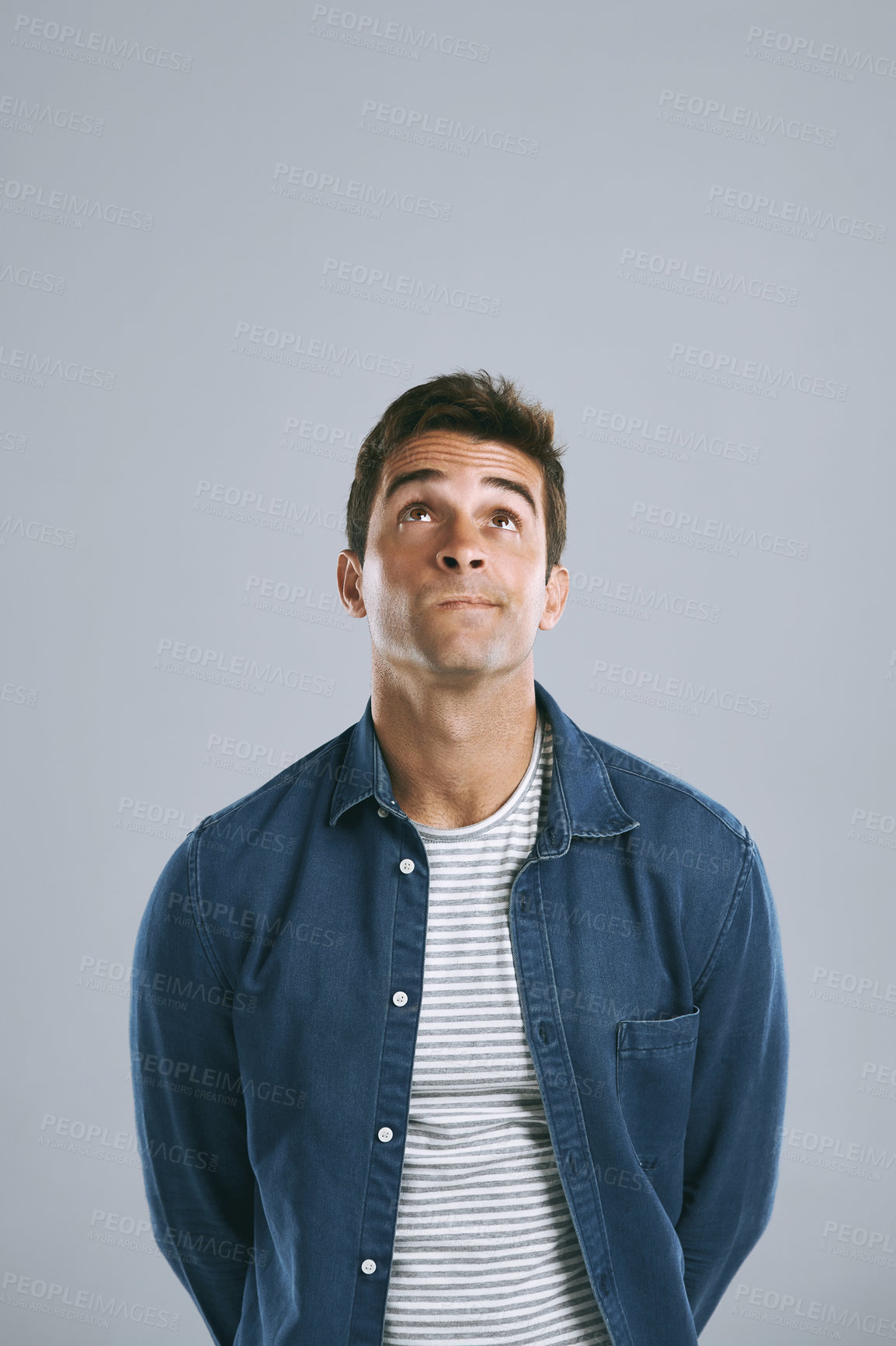 Buy stock photo Thinking, studio and man with ideas, doubt and confused to remember in mockup, mind and brainstorming. White background, entrepreneur and person with questions, inspiration and space in Chicago