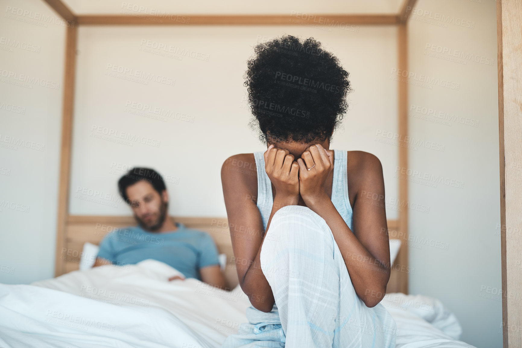 Buy stock photo Couple, divorce and fight on bed in disagreement, argument or conflict in toxic relationship at home. Sad woman crying, cheating man person or partner in unhappy marriage or infertility in bedroom