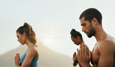 Buy stock photo Prayer, yoga class or people in outdoor meditation for wellness, peace and mindfulness in nature. Breathing, spiritual yogi or friends in group in Miami, USA for awareness or chakra balance together