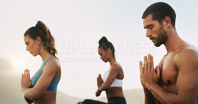 Buy stock photo Man, women and meditation for spiritual zen or outdoor morning mist, mindfulness or healing. Friends, hands and wellness chakra for self care or inner peace at beach for yogi calm, holistic or nature