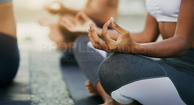 Buy stock photo Hands, meditation and yoga outdoor for fitness, exercising and mindfulness or wellness at beach. Class, friends or people with posture workout or balance for spiritual, lotus and mental health