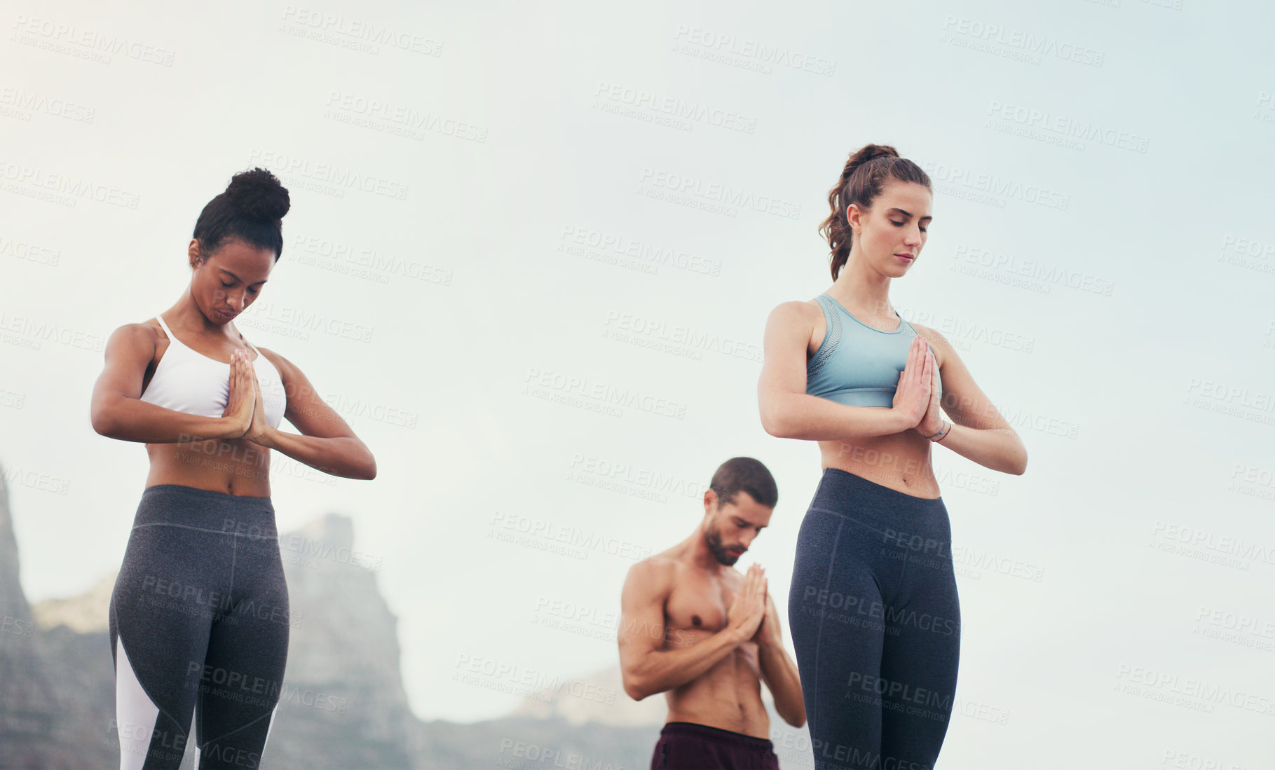 Buy stock photo Yoga, namaste meditation and group outdoor for fitness, mindfulness and peace on sky mockup space. Prayer hands, class and calm in nature for exercise, zen and wellness for healthy body in summer