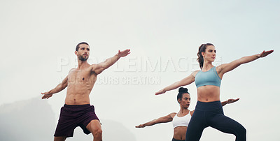 Buy stock photo People, yoga and stretching together in fitness club for sports, health and wellness in outdoor class. Friends, warrior pose or pilates training in group for teamwork, community and support in nature