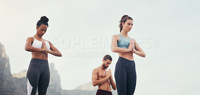 Buy stock photo Prayer hands meditation, yoga and group outdoor for fitness, mindfulness and peace of people on sky mockup space. Namaste, class and calm in nature for exercise, zen and wellness for healthy body