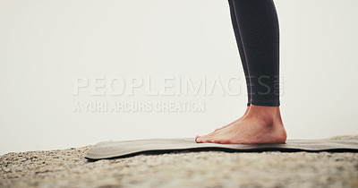 Buy stock photo Person, feet and yoga on mat in outdoor for exercise, training and meditation or relax barefoot. Healthy, calm and holistic or sport for fitness as athlete for balance with wellness for peace