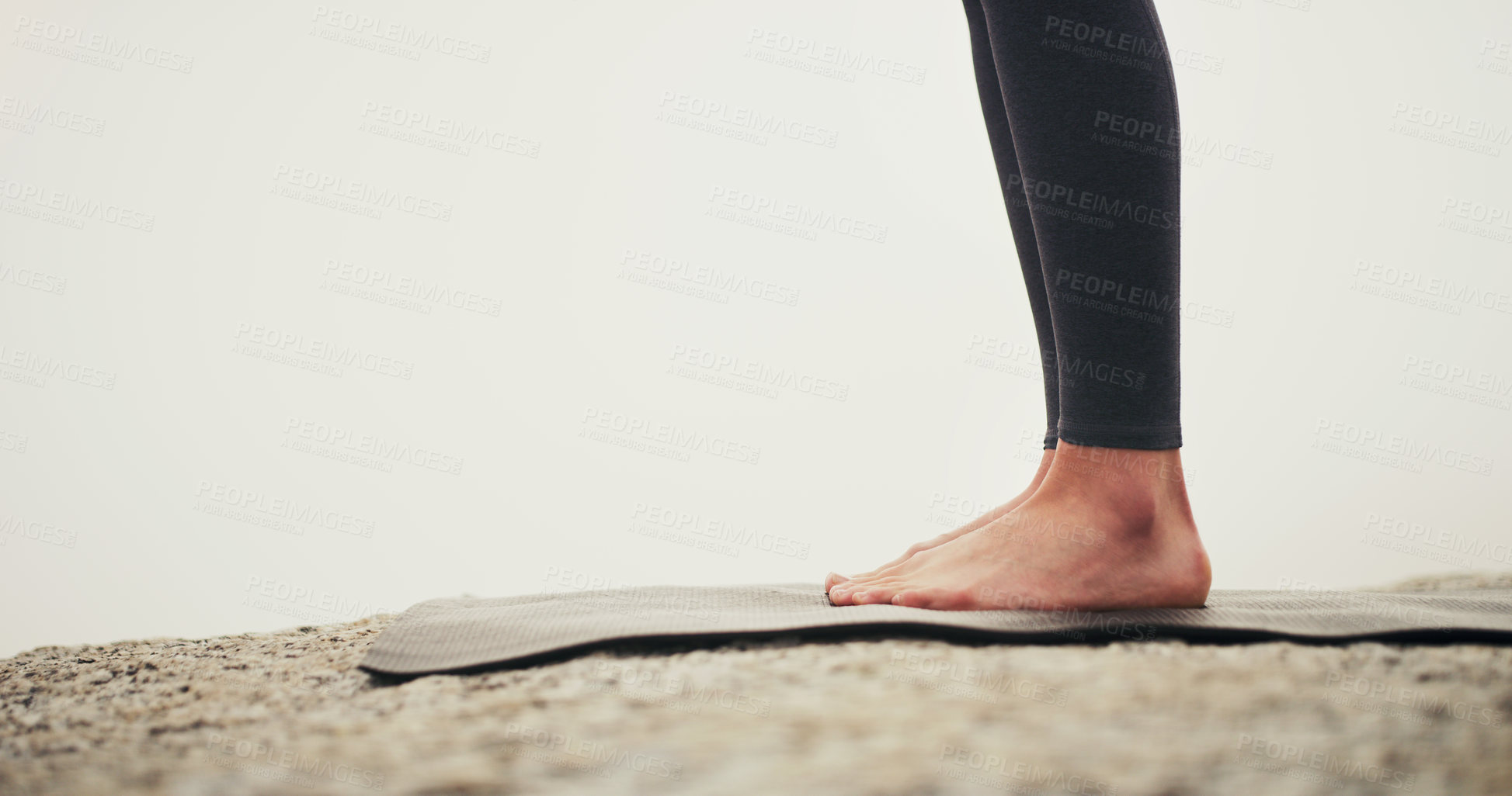 Buy stock photo Person, feet and yoga on mat in outdoor for exercise, training and meditation or relax barefoot. Healthy, calm and holistic or sport for fitness as athlete for balance with wellness for peace
