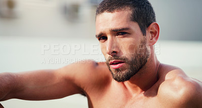 Buy stock photo Portrait, serious and man outdoor for fitness, health and workout in city for wellness. Sports, face and confident person on break with muscle, rest and relax after training for exercise in Canada