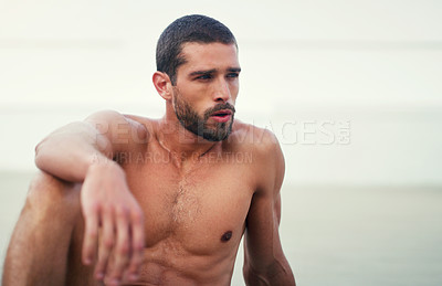 Buy stock photo Male athlete, rest and shirtless for sports, exercise and fit in outdoor or field with bare, chest and break. Healthy, man and thinking in workout, body and wellness for muscles, strong and training