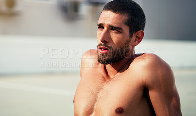 Buy stock photo Thinking, tired and man outdoor for fitness, body health and workout in city for wellness on mockup. Sports, breathing and person on break with fatigue, exhausted or relax after training for exercise
