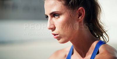 Buy stock photo Thinking, tired and woman outdoor for fitness, health and workout in city for wellness on mockup space. Sports, face and person on break with fatigue, exhausted and relax after training for exercise