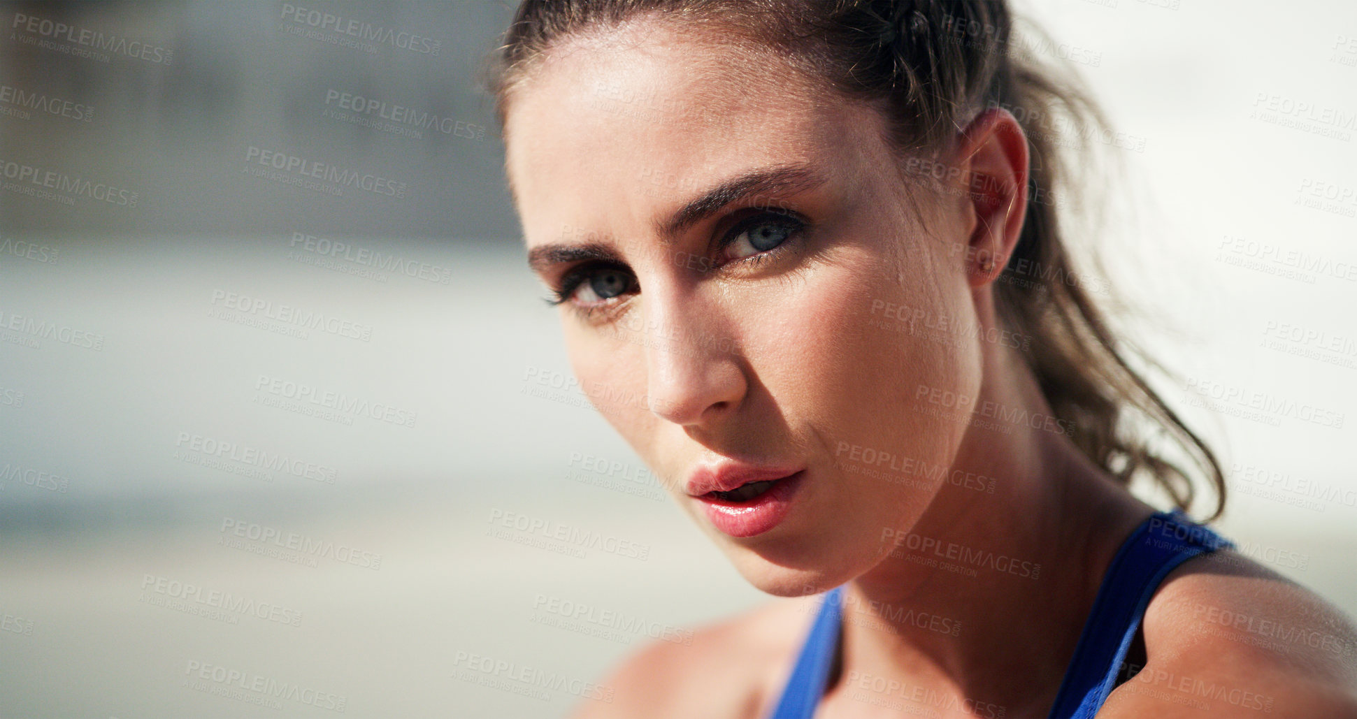 Buy stock photo Portrait, sports and woman to relax in outdoors on break or rest for fitness, exercise and cardio for health. Sporty, active and female person or workout in sportswear for wellness, peace and comfort