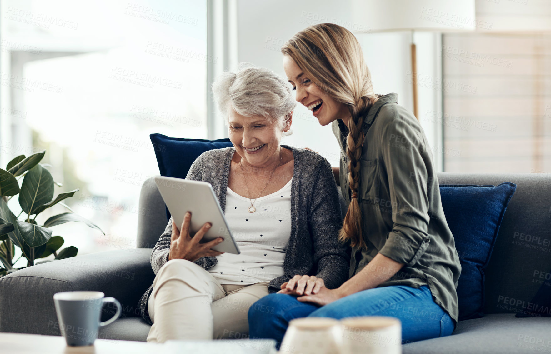 Buy stock photo Shot of a senior woman and her daughter using a digital tablet together
