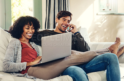 Buy stock photo Full length shot of an affectionate young couple sitting on a couch and spending some quality time together at home