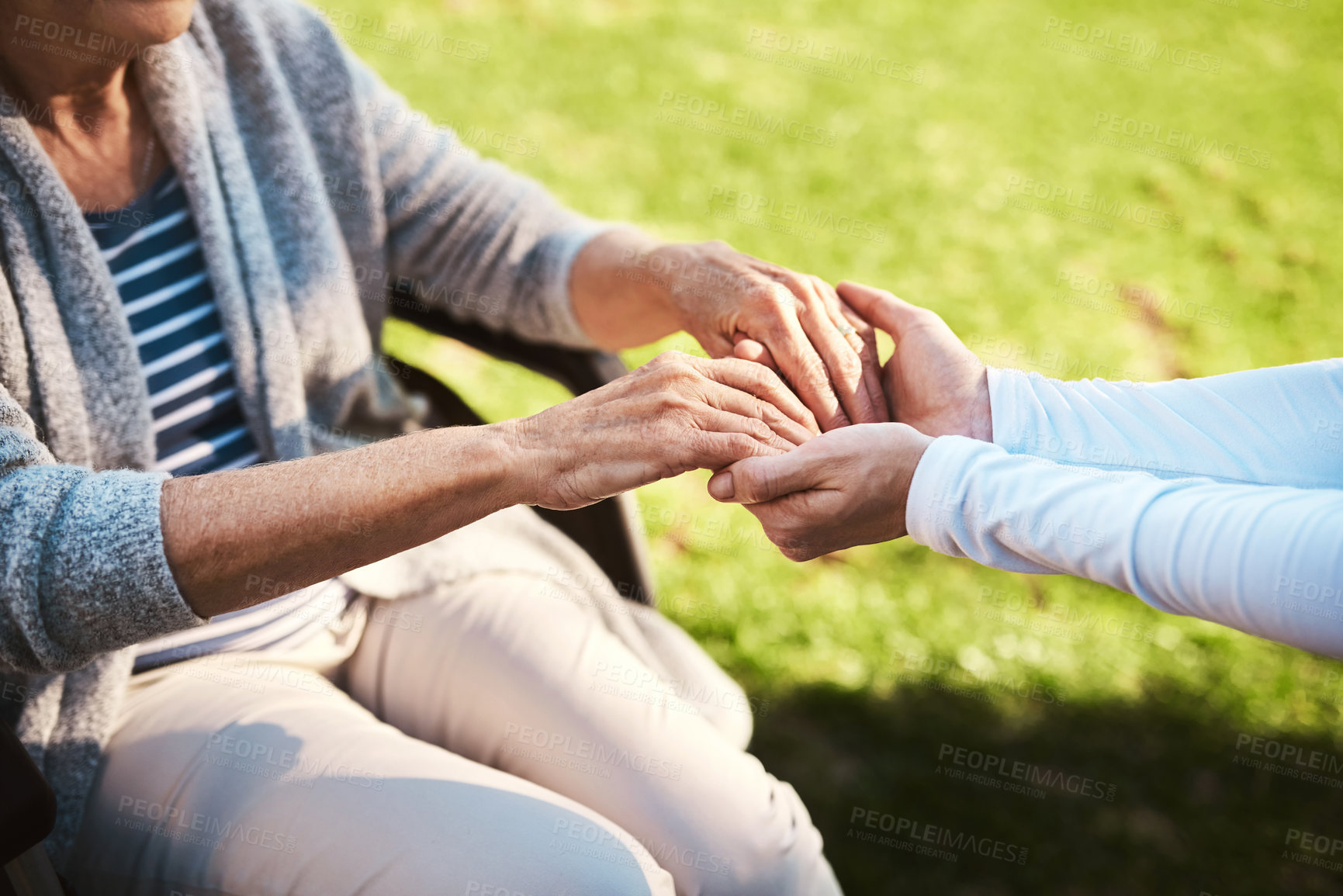 Buy stock photo Senior woman, caregiver and holding hands in care, support or love for healthcare or life insurance. Hand of nurse helping mature patient in wheelchair or person with a disability at nursing home