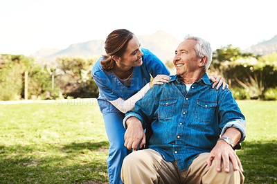 Buy stock photo Senior man, nurse and wheelchair for life insurance, healthcare support or garden at nursing home. Happy elderly male and woman caregiver helping patient or person with a disability in the outdoors