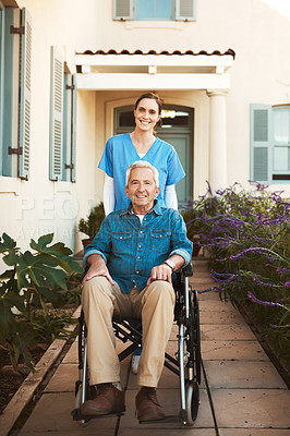 Buy stock photo Senior man, wheelchair and portrait of nurse in healthcare support or garden walk at nursing home. Happy elderly male and woman caregiver helping patient or person with a disability in retirement