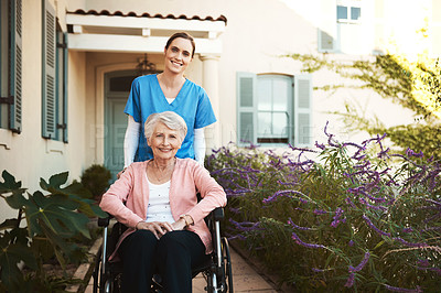 Buy stock photo Senior woman, wheelchair and portrait of nurse in healthcare support or garden walk at nursing home. Happy elderly female and caregiver helping patient or person with a disability in retirement