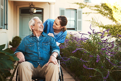Buy stock photo Senior man, nurse and wheelchair for healthcare support, life insurance or garden walk at nursing home. Happy elderly male patient with woman caregiver for person with disability in retirement