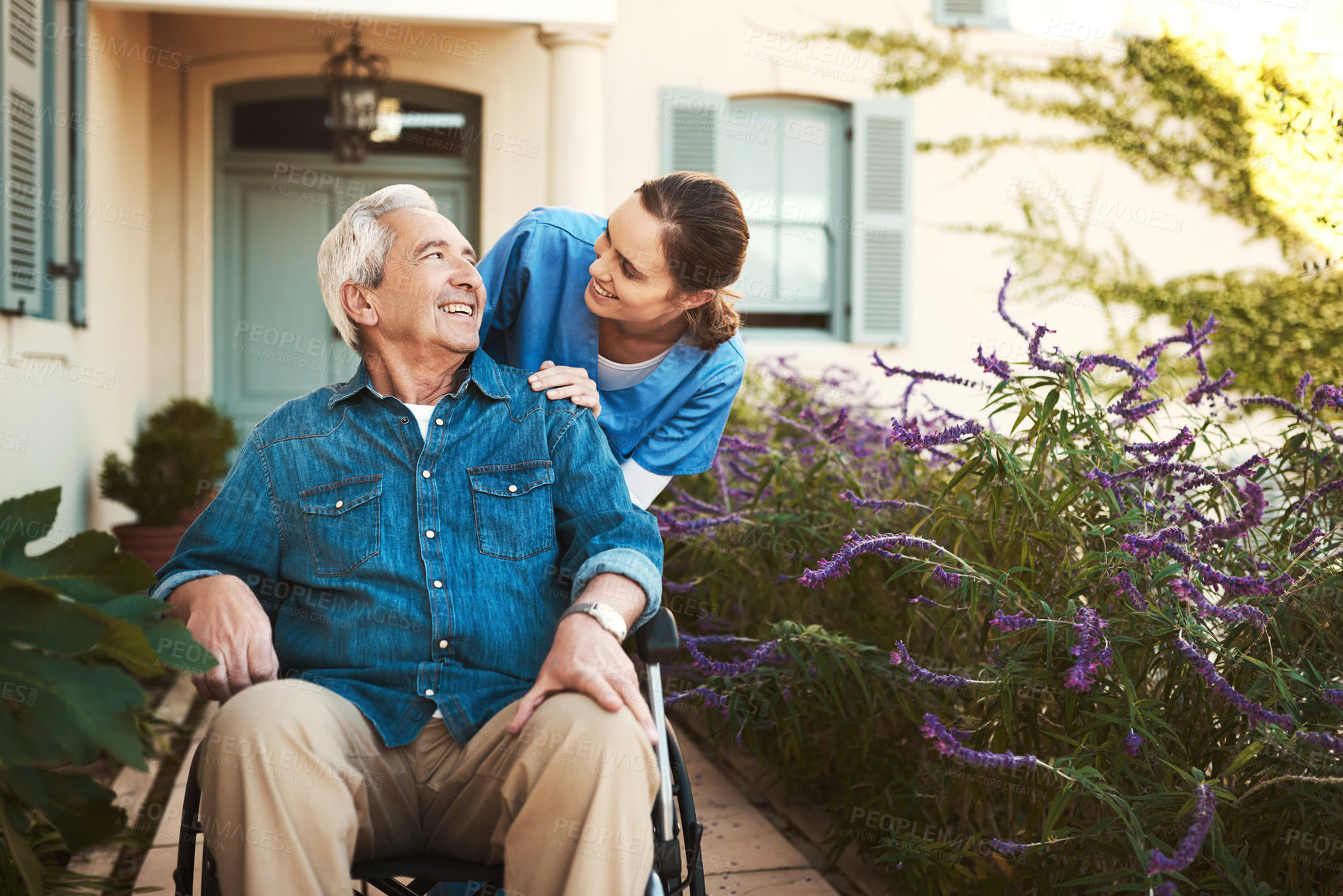 Buy stock photo Senior man, nurse and wheelchair for healthcare support, life insurance or garden walk at nursing home. Happy elderly male patient with woman caregiver for person with disability in retirement