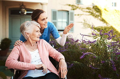 Buy stock photo Senior woman, wheelchair and nurse in garden pointing and talking on walk in healthcare support at nursing home. Happy elderly female or caregiver showing patient or person with a disability outdoors